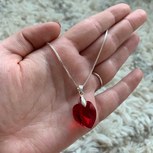 Ruby Red Heart Crystal Sterling Silver Necklace - Picture 2 of 10